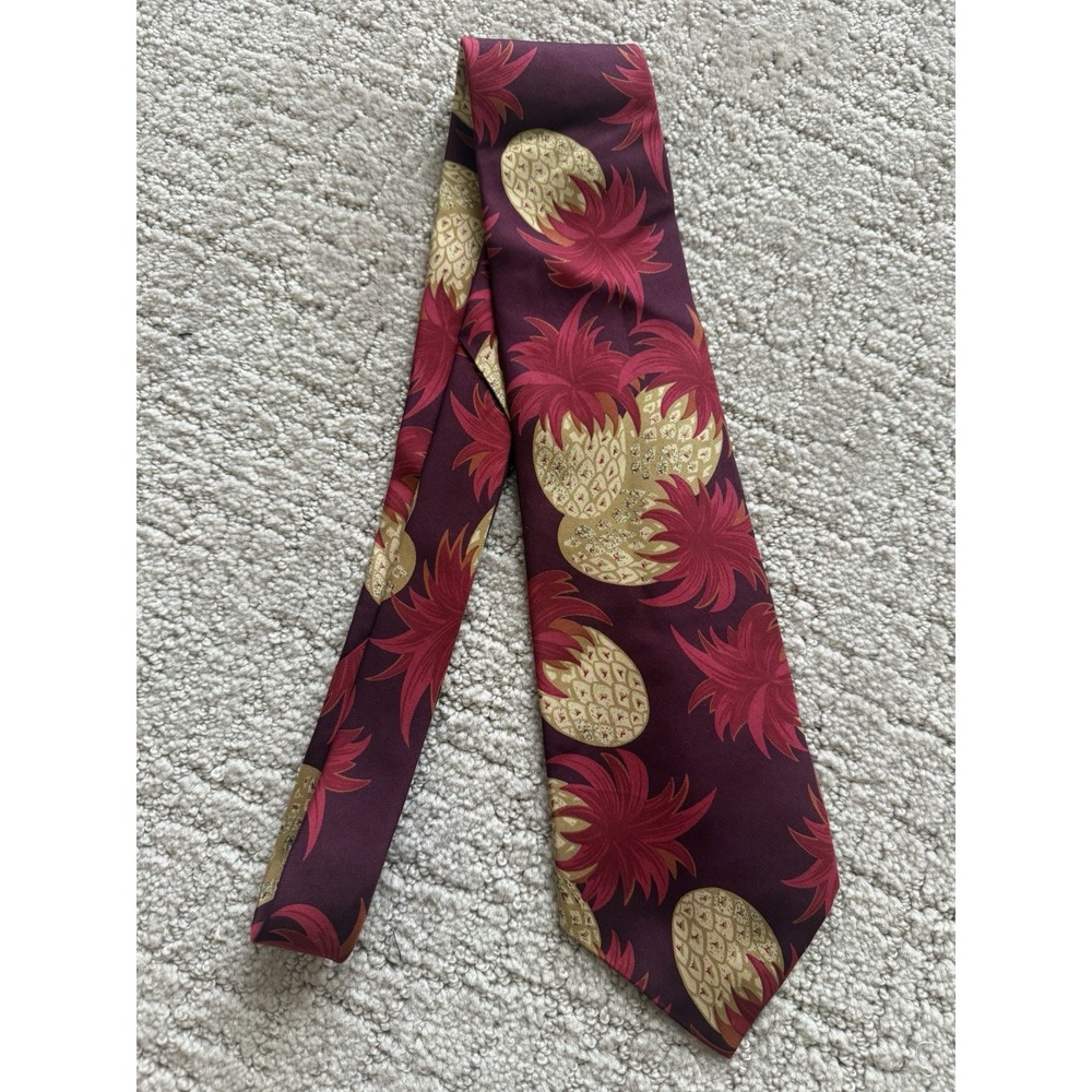 Vintage 1980s Chaps Ralph Lauren 100% Silk Tie USA Burgundy Pineapple Tropical